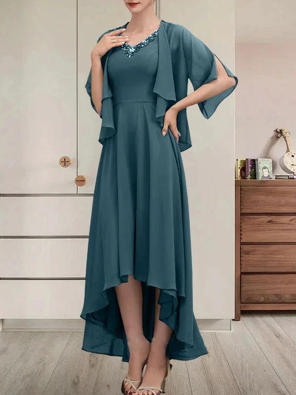 A-line V-Neck Asymmetrical Chiffon Mother of the Bride Dress With Beading Sequins - Image 35