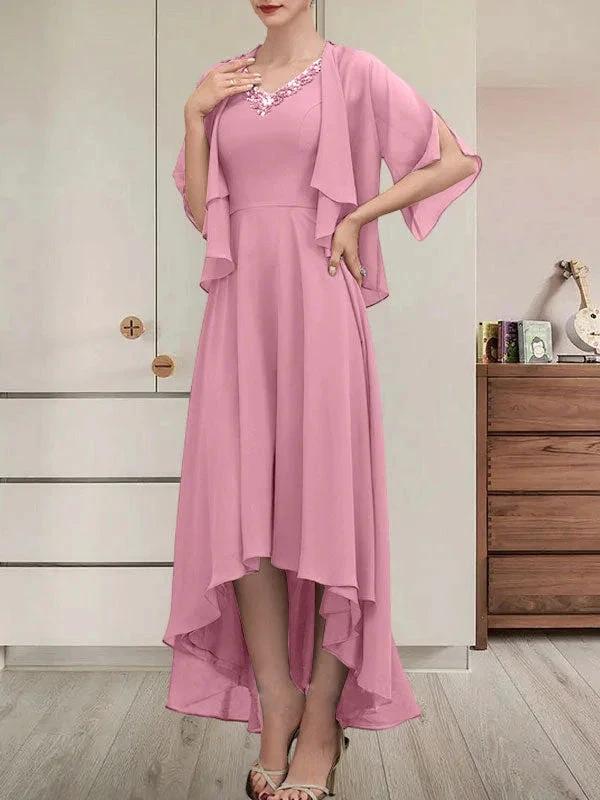 A-line V-Neck Asymmetrical Chiffon Mother of the Bride Dress With Beading Sequins - Image 36