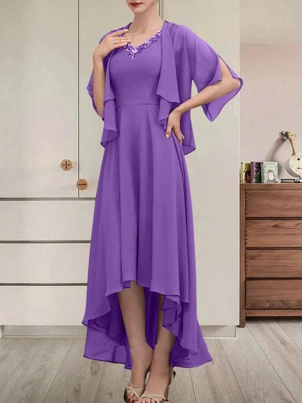 A-line V-Neck Asymmetrical Chiffon Mother of the Bride Dress With Beading Sequins - Image 37