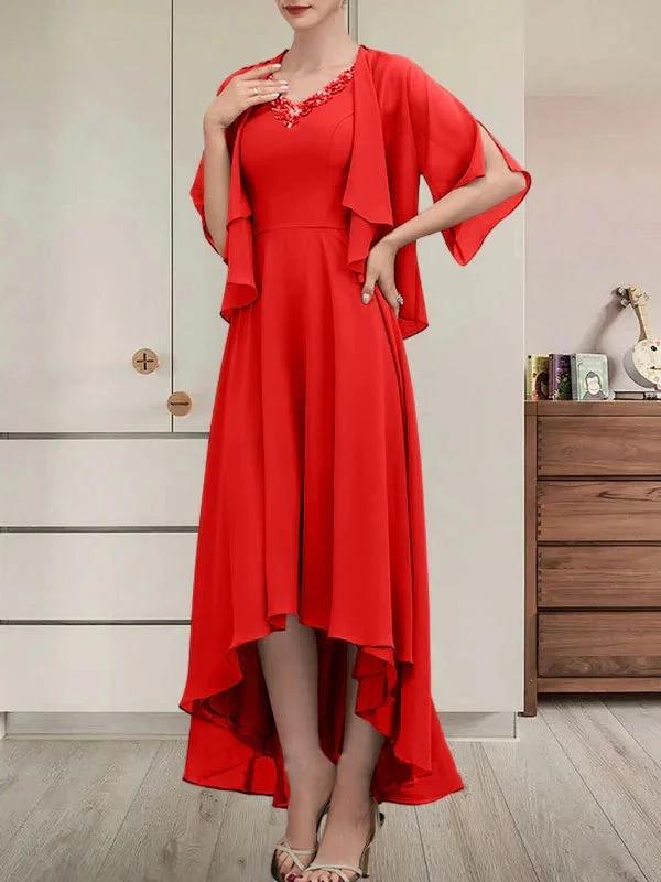 A-line V-Neck Asymmetrical Chiffon Mother of the Bride Dress With Beading Sequins - Image 38