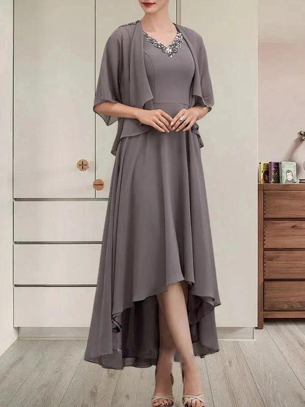 A-line V-Neck Asymmetrical Chiffon Mother of the Bride Dress With Beading Sequins - Image 4
