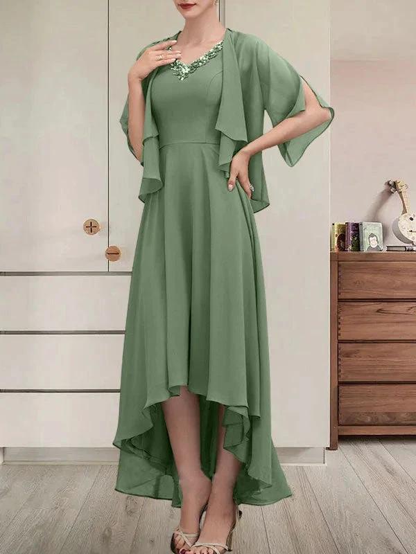A-line V-Neck Asymmetrical Chiffon Mother of the Bride Dress With Beading Sequins - Image 41