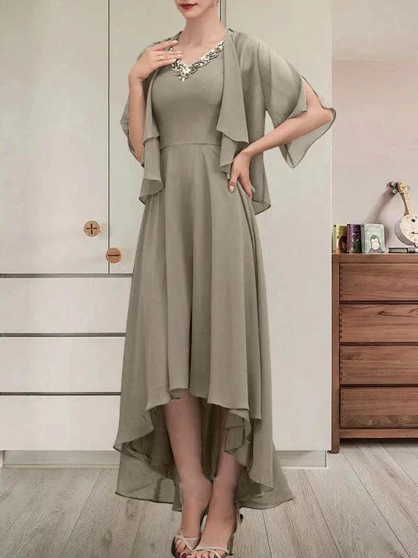 A-line V-Neck Asymmetrical Chiffon Mother of the Bride Dress With Beading Sequins - Image 42