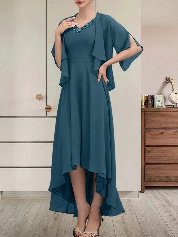 A-line V-Neck Asymmetrical Chiffon Mother of the Bride Dress With Beading Sequins - Image 43