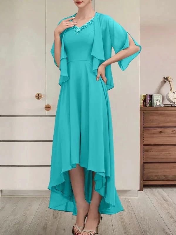 A-line V-Neck Asymmetrical Chiffon Mother of the Bride Dress With Beading Sequins - Image 44