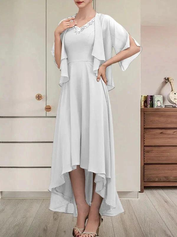 A-line V-Neck Asymmetrical Chiffon Mother of the Bride Dress With Beading Sequins - Image 45