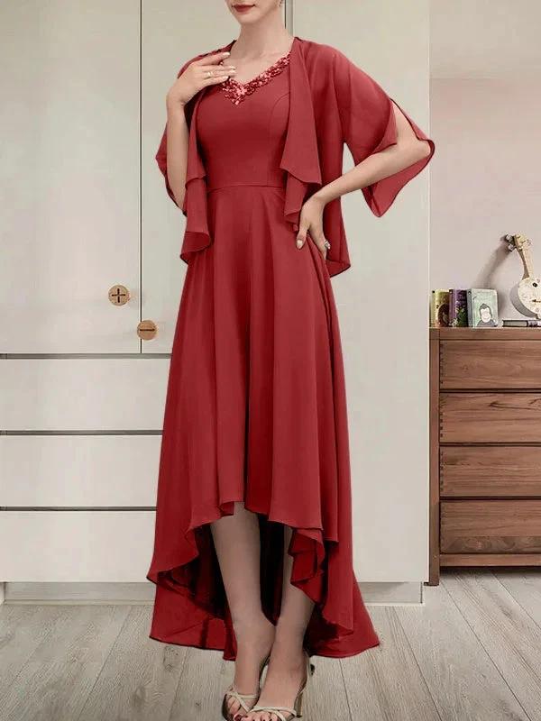 A-line V-Neck Asymmetrical Chiffon Mother of the Bride Dress With Beading Sequins - Image 46