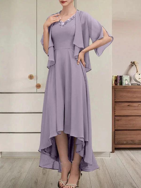 A-line V-Neck Asymmetrical Chiffon Mother of the Bride Dress With Beading Sequins - Image 47