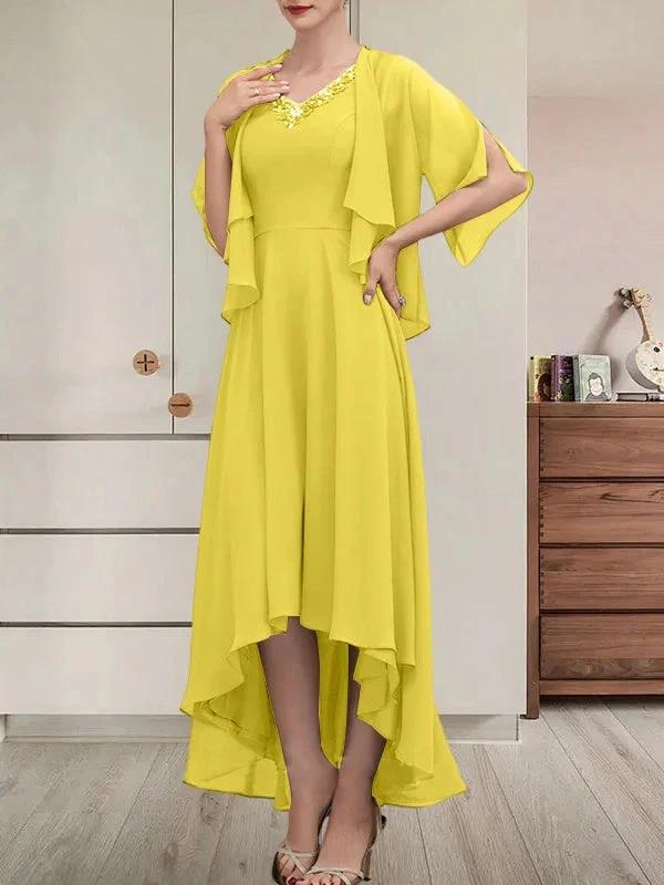 A-line V-Neck Asymmetrical Chiffon Mother of the Bride Dress With Beading Sequins - Image 48