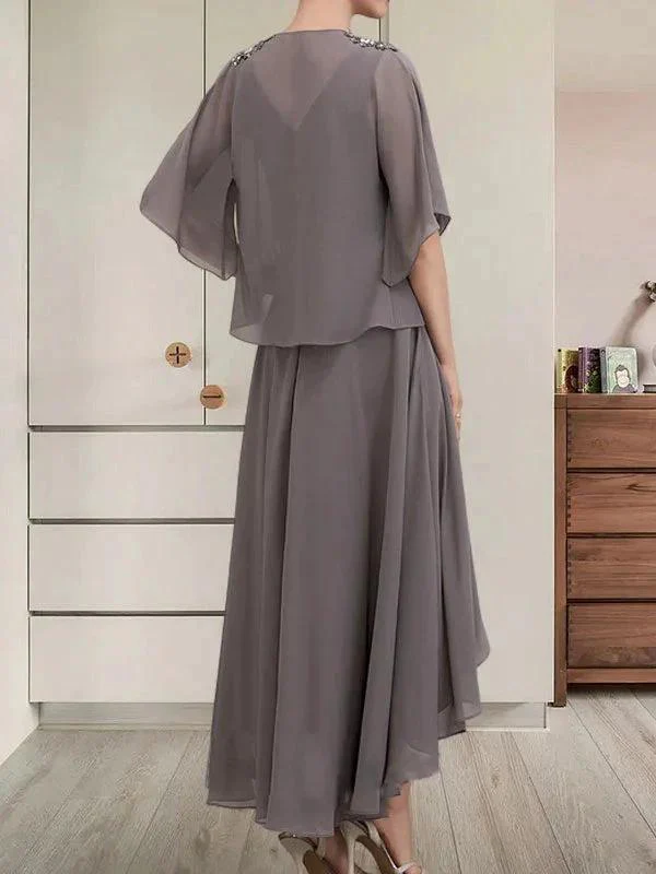 A-line V-Neck Asymmetrical Chiffon Mother of the Bride Dress With Beading Sequins - Image 5