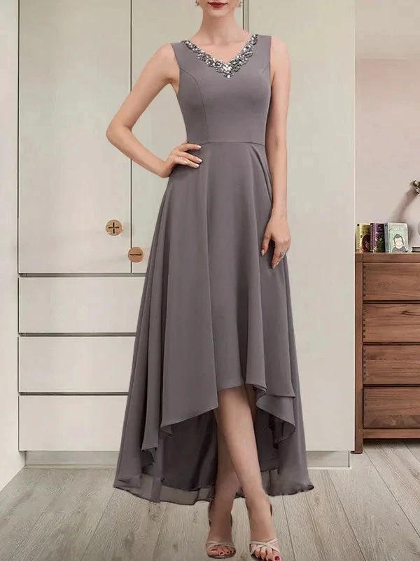 A-line V-Neck Asymmetrical Chiffon Mother of the Bride Dress With Beading Sequins - Image 6