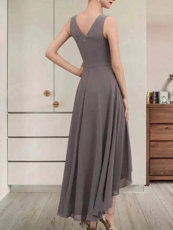 A-line V-Neck Asymmetrical Chiffon Mother of the Bride Dress With Beading Sequins - Image 7