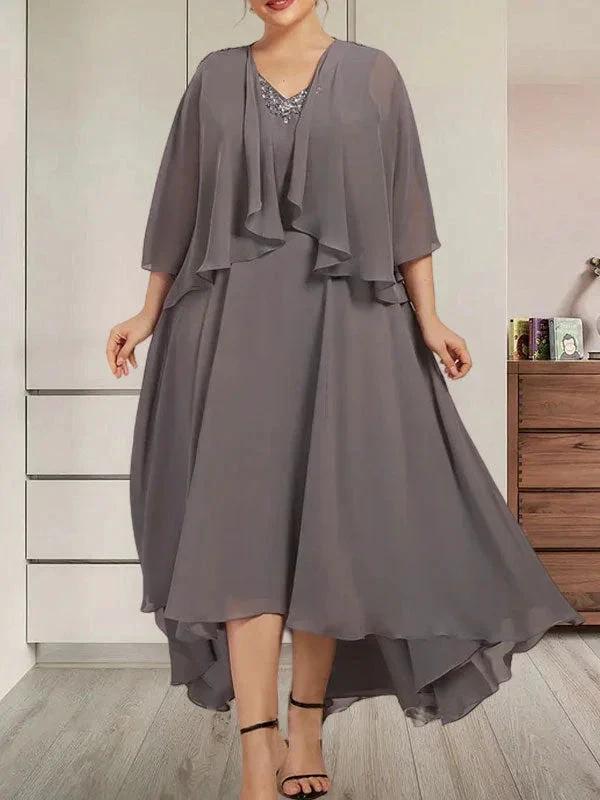 A-line V-Neck Asymmetrical Chiffon Mother of the Bride Dress With Beading Sequins - Image 8