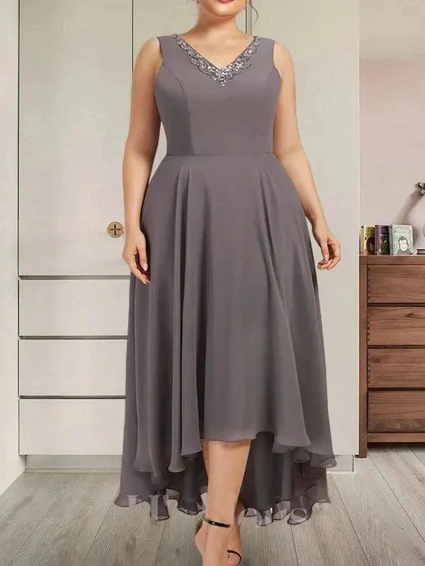 A-line V-Neck Asymmetrical Chiffon Mother of the Bride Dress With Beading Sequins - Image 9