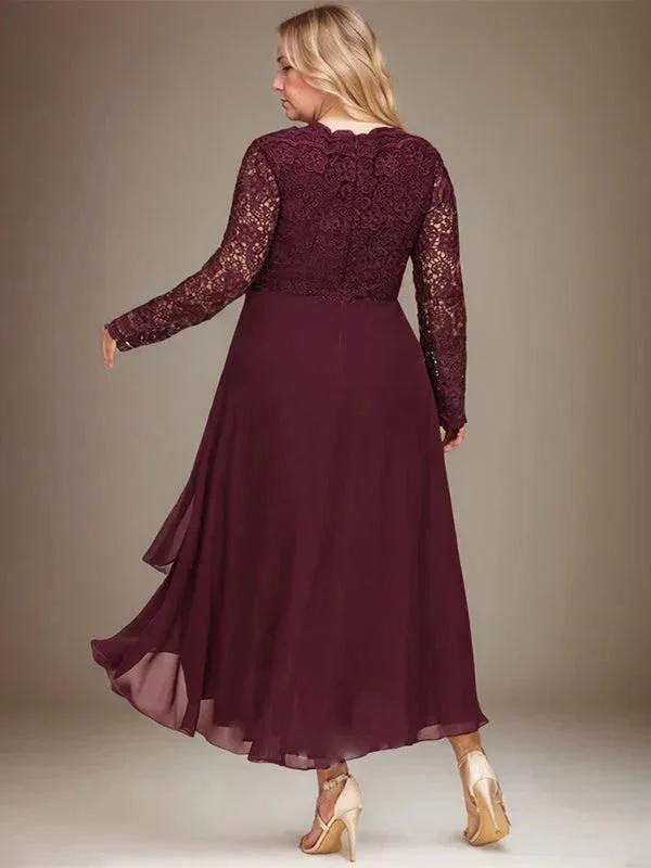 A-line V-Neck Asymmetrical Lace Chiffon Mother of the Bride Dress - Image 11