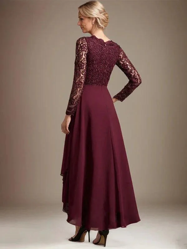 A-line V-Neck Asymmetrical Lace Chiffon Mother of the Bride Dress - Image 12