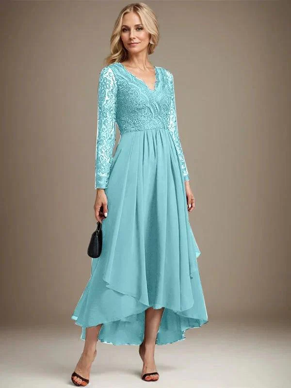 A-line V-Neck Asymmetrical Lace Chiffon Mother of the Bride Dress - Image 13