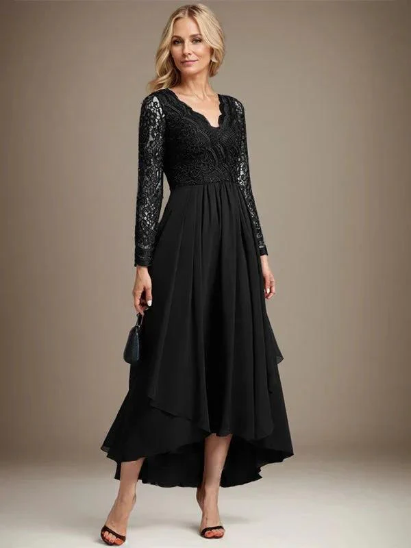 A-line V-Neck Asymmetrical Lace Chiffon Mother of the Bride Dress - Image 14
