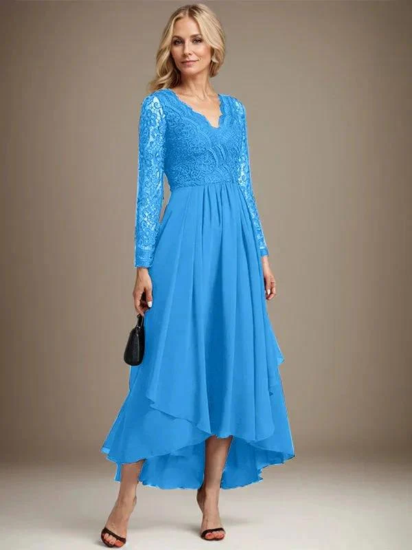A-line V-Neck Asymmetrical Lace Chiffon Mother of the Bride Dress - Image 15