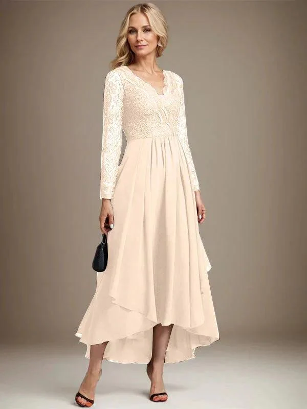 A-line V-Neck Asymmetrical Lace Chiffon Mother of the Bride Dress - Image 16