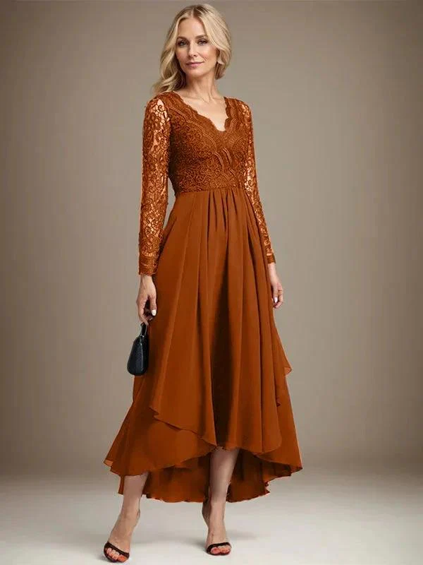 A-line V-Neck Asymmetrical Lace Chiffon Mother of the Bride Dress - Image 17