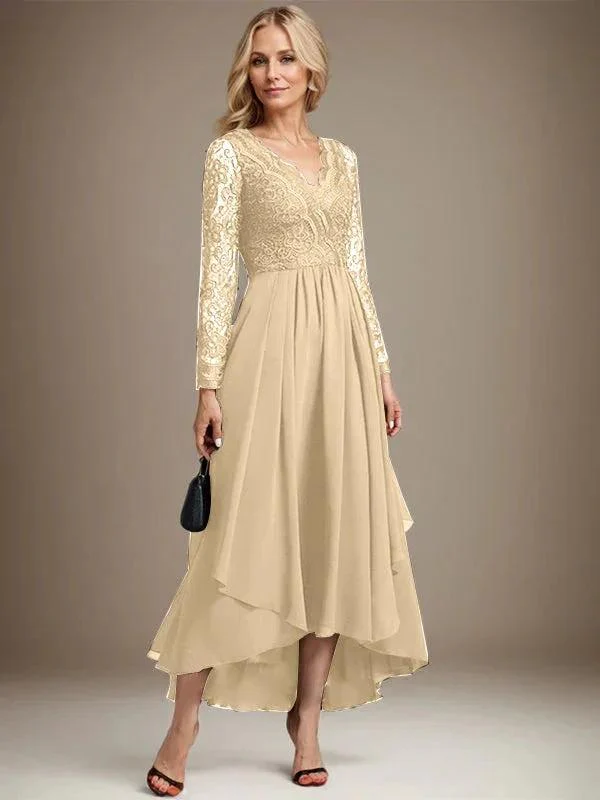 A-line V-Neck Asymmetrical Lace Chiffon Mother of the Bride Dress - Image 18