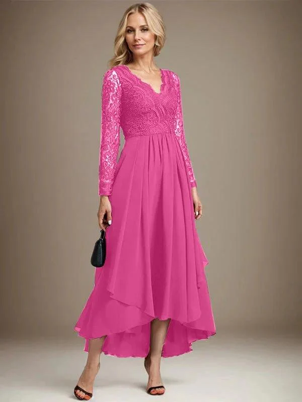 A-line V-Neck Asymmetrical Lace Chiffon Mother of the Bride Dress - Image 19