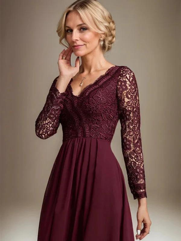 A-line V-Neck Asymmetrical Lace Chiffon Mother of the Bride Dress - Image 2