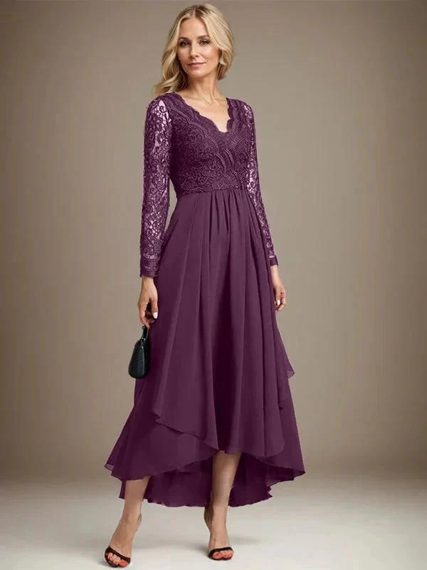 A-line V-Neck Asymmetrical Lace Chiffon Mother of the Bride Dress - Image 20