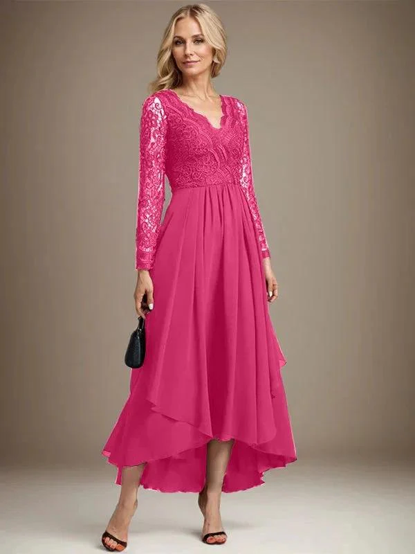 A-line V-Neck Asymmetrical Lace Chiffon Mother of the Bride Dress - Image 21