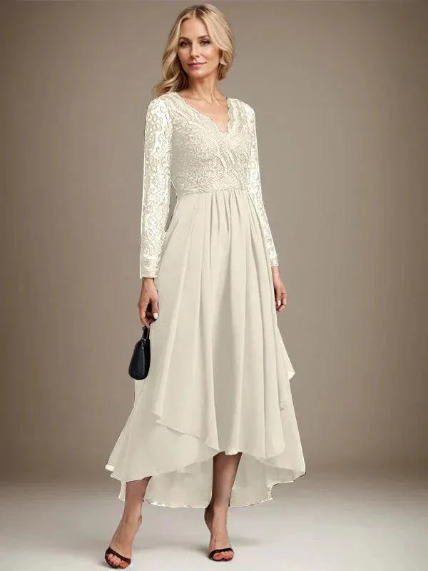 A-line V-Neck Asymmetrical Lace Chiffon Mother of the Bride Dress - Image 22