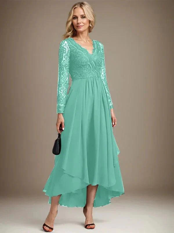 A-line V-Neck Asymmetrical Lace Chiffon Mother of the Bride Dress - Image 23