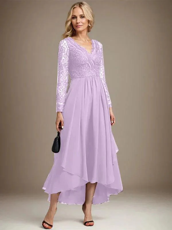 A-line V-Neck Asymmetrical Lace Chiffon Mother of the Bride Dress - Image 24