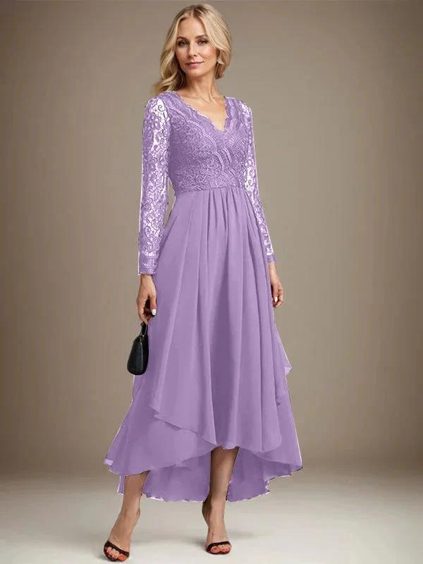 A-line V-Neck Asymmetrical Lace Chiffon Mother of the Bride Dress - Image 25