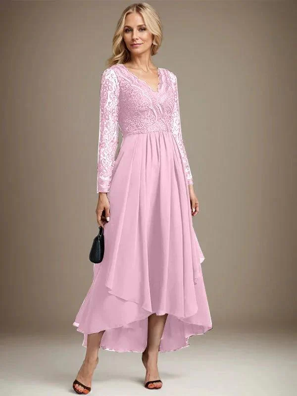 A-line V-Neck Asymmetrical Lace Chiffon Mother of the Bride Dress - Image 26