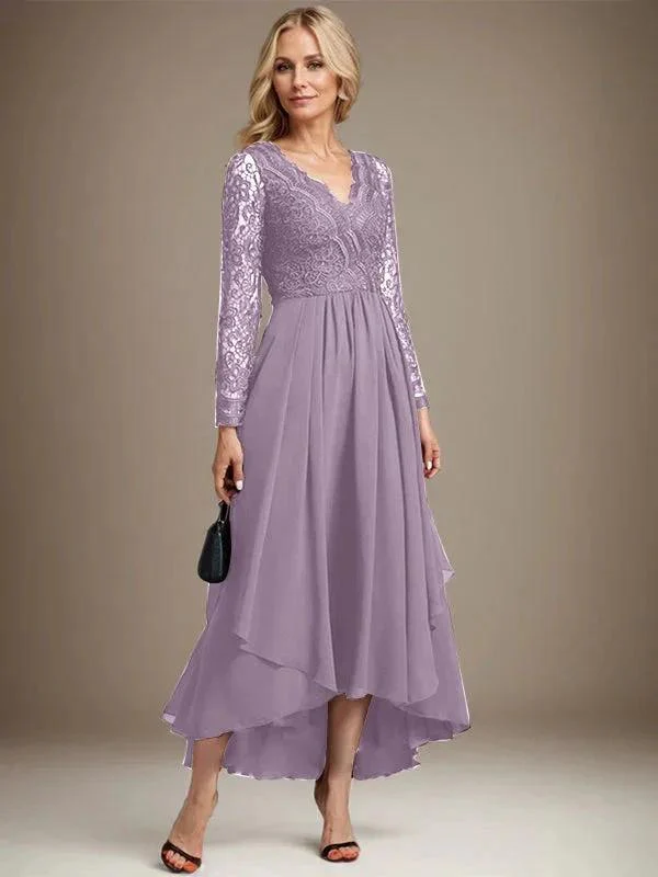 A-line V-Neck Asymmetrical Lace Chiffon Mother of the Bride Dress - Image 27