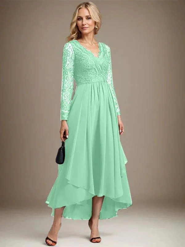 A-line V-Neck Asymmetrical Lace Chiffon Mother of the Bride Dress - Image 28