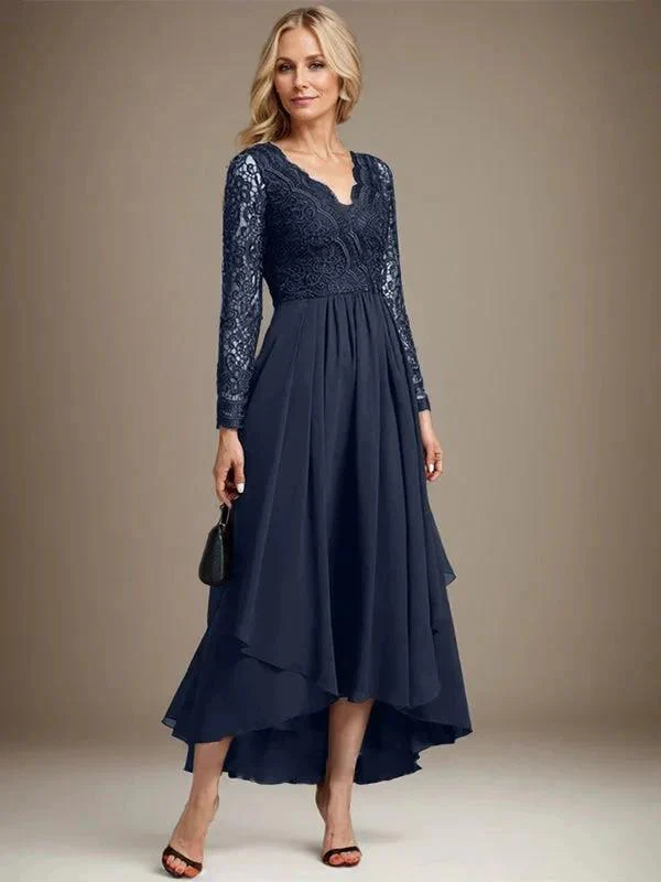 A-line V-Neck Asymmetrical Lace Chiffon Mother of the Bride Dress - Image 29