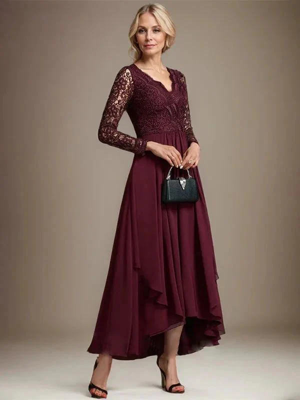A-line V-Neck Asymmetrical Lace Chiffon Mother of the Bride Dress - Image 3