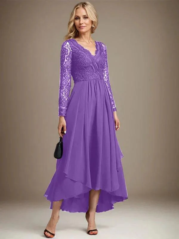 A-line V-Neck Asymmetrical Lace Chiffon Mother of the Bride Dress - Image 30