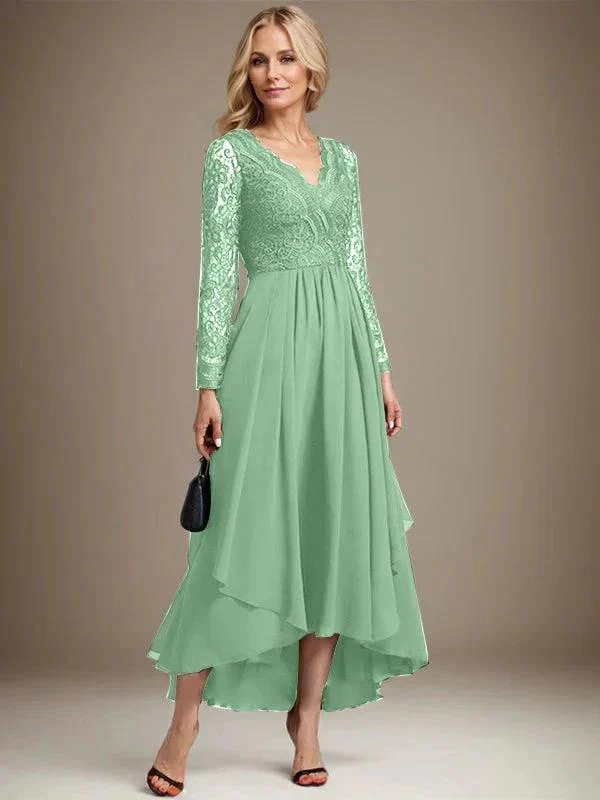 A-line V-Neck Asymmetrical Lace Chiffon Mother of the Bride Dress - Image 31