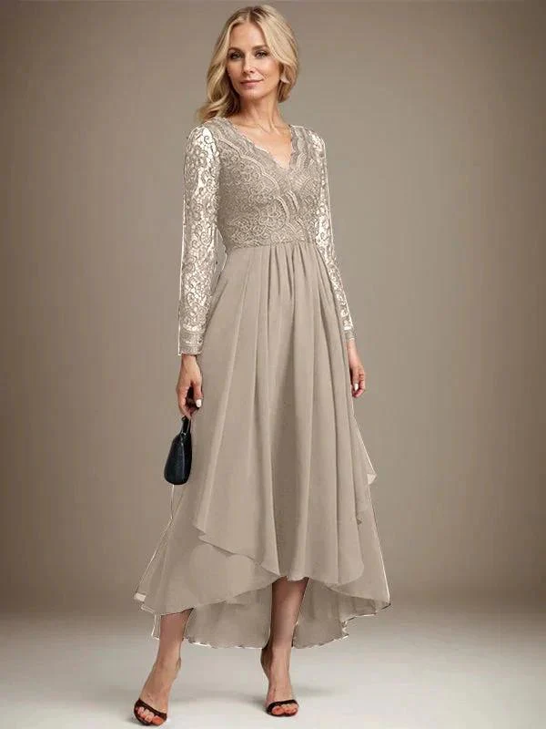 A-line V-Neck Asymmetrical Lace Chiffon Mother of the Bride Dress - Image 32