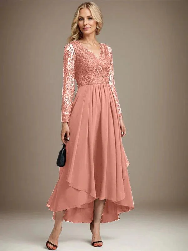 A-line V-Neck Asymmetrical Lace Chiffon Mother of the Bride Dress - Image 33