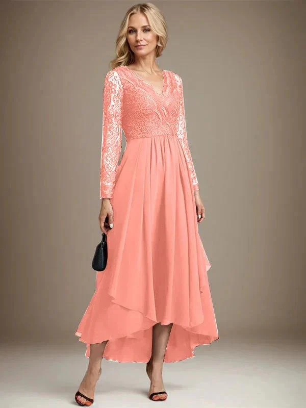 A-line V-Neck Asymmetrical Lace Chiffon Mother of the Bride Dress - Image 34