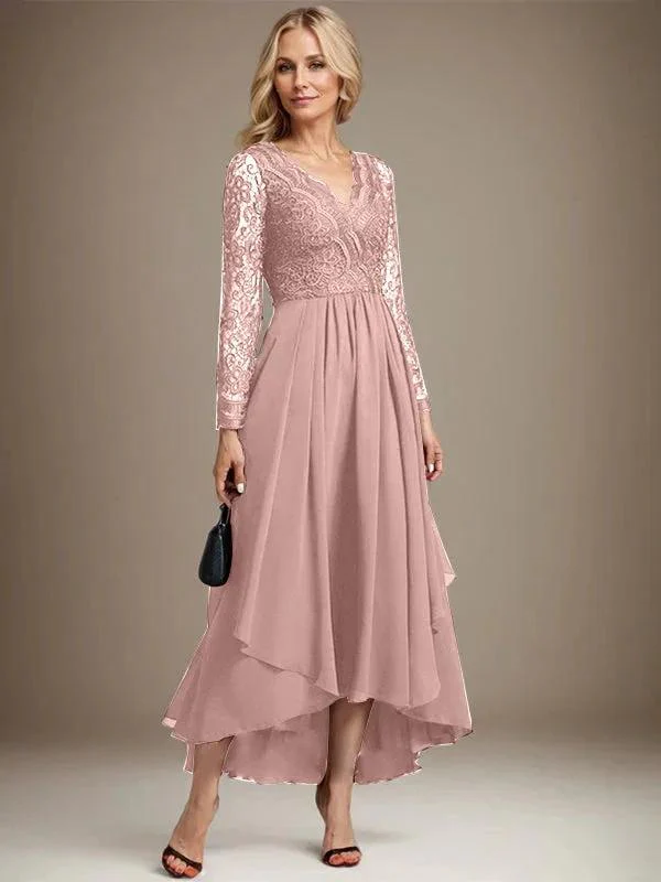 A-line V-Neck Asymmetrical Lace Chiffon Mother of the Bride Dress - Image 35