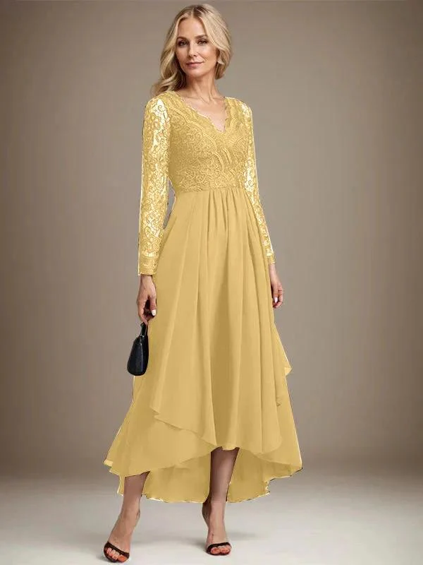 A-line V-Neck Asymmetrical Lace Chiffon Mother of the Bride Dress - Image 36