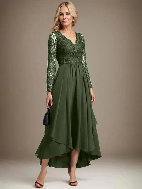 A-line V-Neck Asymmetrical Lace Chiffon Mother of the Bride Dress - Image 37
