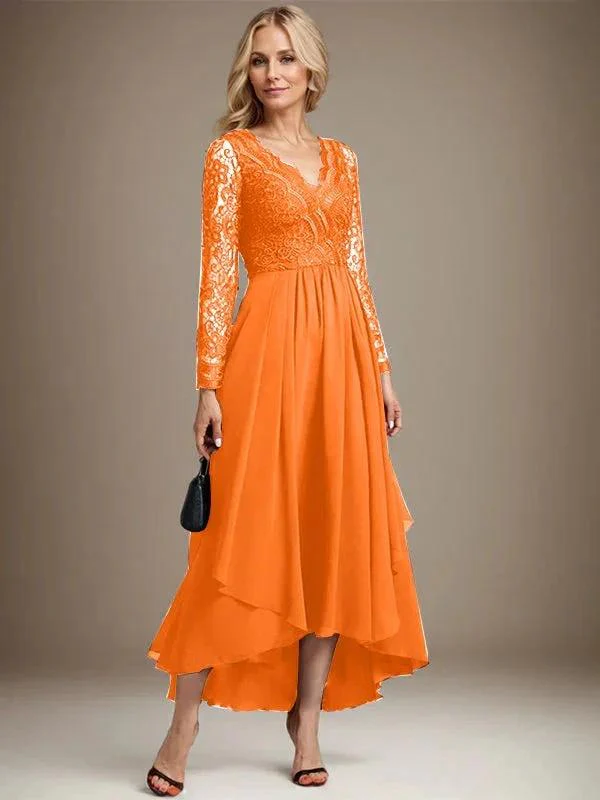A-line V-Neck Asymmetrical Lace Chiffon Mother of the Bride Dress - Image 38