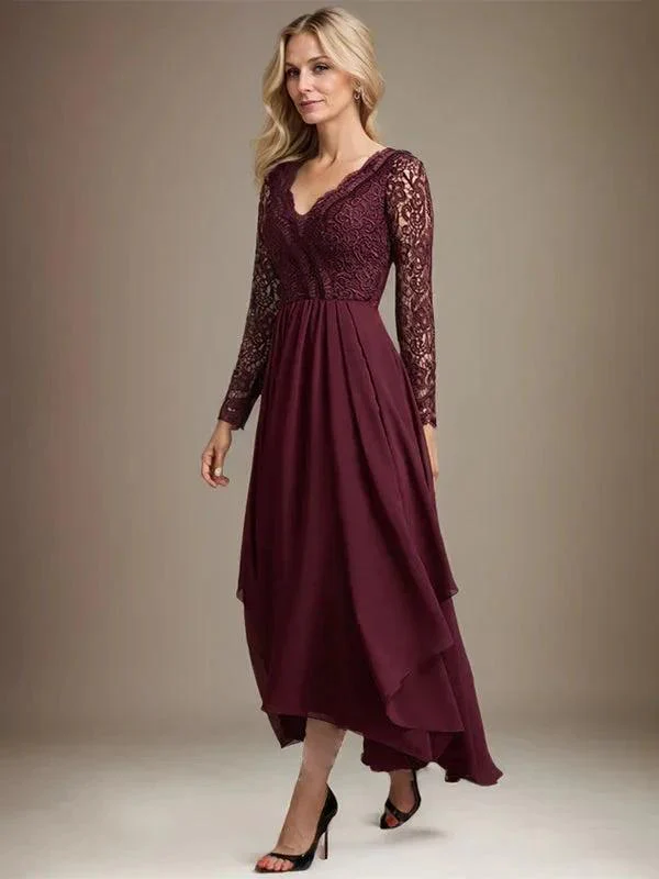 A-line V-Neck Asymmetrical Lace Chiffon Mother of the Bride Dress - Image 4