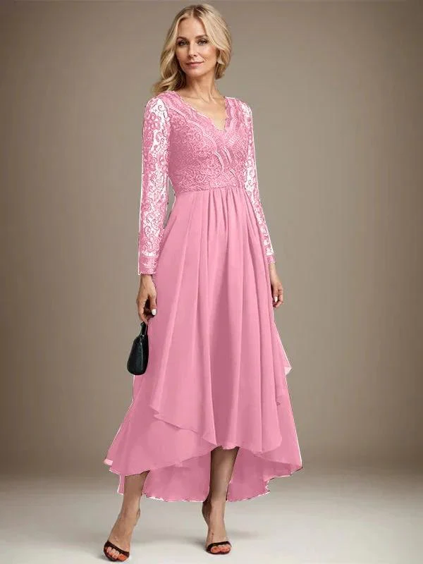 A-line V-Neck Asymmetrical Lace Chiffon Mother of the Bride Dress - Image 40